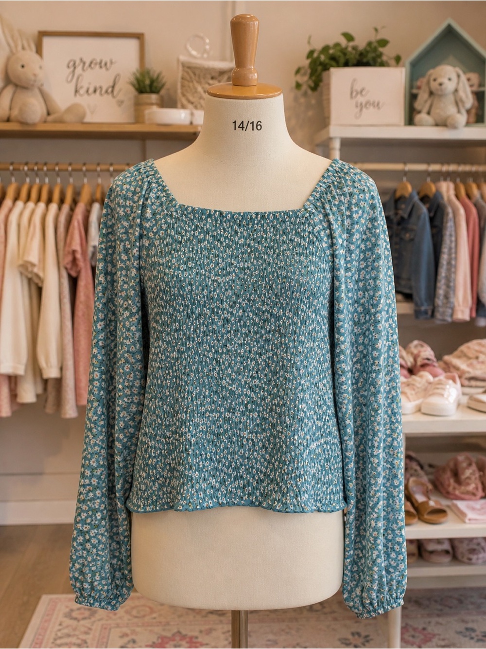 Art Class Teal Floral Smocked Blouse Size 14/16